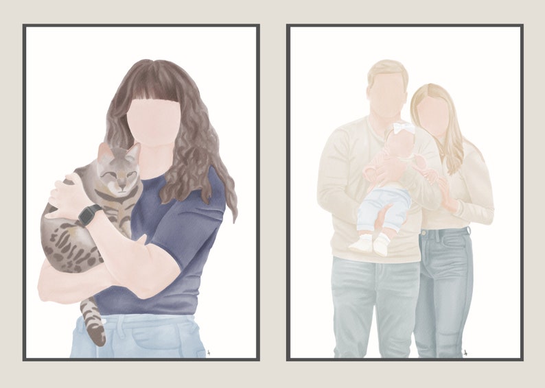 K&ouml;nnte beinhalten: Zwei digitale Illustrationen. Die erste zeigt eine Person, die eine getigerte Katze h&auml;lt. Die zweite zeigt eine dreik&ouml;pfige Familie, einen Mann, eine Frau und ein Baby.