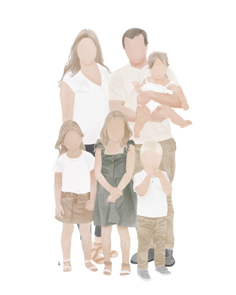 K&ouml;nnte beinhalten: Ein Familienportr&auml;t mit sechs Personen, darunter zwei Erwachsene und vier Kinder. Die Erwachsenen tragen wei&szlig;e Hemden, w&auml;hrend die Kinder verschiedene Farben tragen, darunter Gr&uuml;n, Braun und Wei&szlig;. Die Familie steht in einer l&auml;ssigen Pose zusammen, die Kinder vor den Erwachsenen.