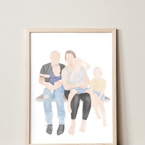 K&ouml;nnte beinhalten: Eine Aquarell-Illustration einer f&uuml;nfk&ouml;pfigen Familie. Die Familie sitzt zusammen, die Eltern in der Mitte und die drei Kinder auf beiden Seiten. Die Eltern tragen Freizeitkleidung, w&auml;hrend die Kinder verschiedene Farben tragen. Die Illustration ist in einer weichen, gedeckten Farbpalette gehalten.