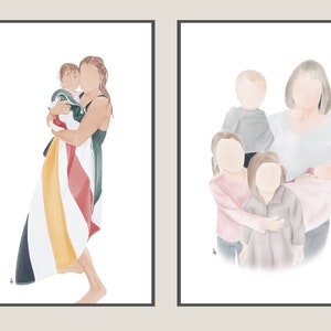 K&ouml;nnte beinhalten: Zwei Aquarell-Illustrationen von Familien. Die erste zeigt eine Frau, die ein Baby h&auml;lt, das in eine bunte gestreifte Decke gewickelt ist. Die zweite zeigt eine Frau mit vier Kindern, von denen eines ein Baby ist.