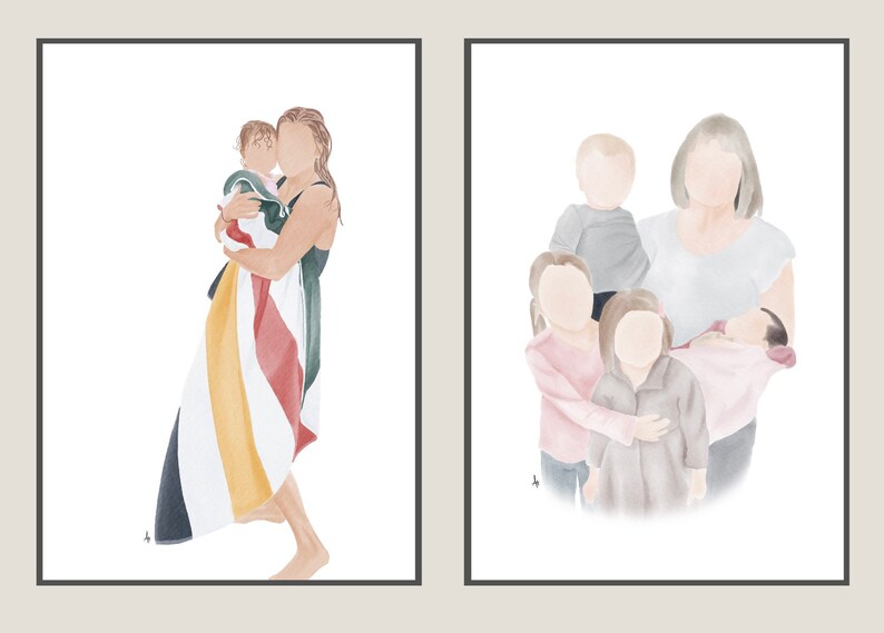 K&ouml;nnte beinhalten: Zwei Aquarell-Illustrationen von Familien. Die erste zeigt eine Frau, die ein Baby h&auml;lt, das in eine bunte gestreifte Decke gewickelt ist. Die zweite zeigt eine Frau mit vier Kindern, von denen eines ein Baby ist.