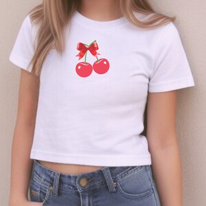 Red Cherry & Bows Coquette Aesthetic Women&#39;s Baby Tee, Red Cherry T-Shirt,  Cropped Tee, Coquette Clothing