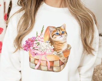 Coquette Aesthetic Kitten Shirt, Basket of Flowers Sweatshirt, Coquette Clothing, Y2K 90s Aesthetic
