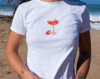 Y2K, Coquette Strawberry Shirt,  Summer Cocktail Baby Tee, Vintage Streetwear T Shirt, Strawberry T-Shirt, Coquette Aesthetic T Shirt