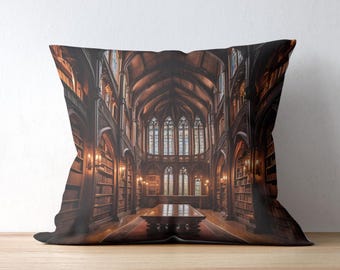 Gotisch bibliotheekkussen, interieur Dark Academia, literair cadeau, leeshoekaccessoire, vintage stijlkussen, perfect voor boekenliefhebbers