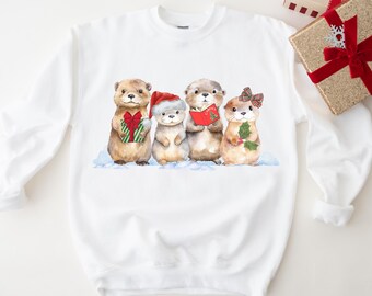 Christmas Sea Otter Matching Family Sweatshirts, Otter Lover Gift, Adorable River Otter Caroling Outfit, Cute Otter Christmas Sweater