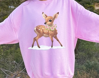 Coquette Aesthetic Winter Sweatshirt,  Baby Deer Christmas Sweater, Cute Baby Deer Sweatshirt
