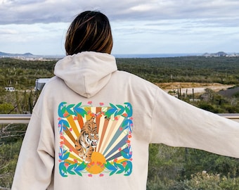 Aesthetic Hoodie Sunset Tiger Hooded Sweatshirt, Tiger Shirt, Vintage Graphic Hoodie, Oversized Hoodies, Crewnecks, Japanese Streetwear