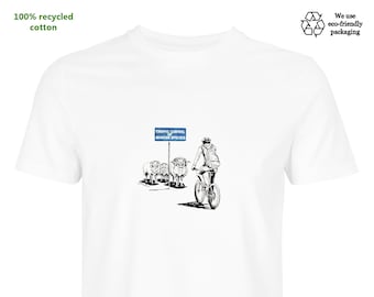 Eco-friendly T-SHIRT: Orwell's Animal World goes green - Sheep and Cyclists (signed hand-drawn art, 100% recycled textile, gender neutral)