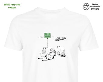 Eco-friendly T-SHIRT: Orwell's Animal World goes green - Lions and Tourists (signed hand-drawn art, 100% recycled textile, gender neutral)