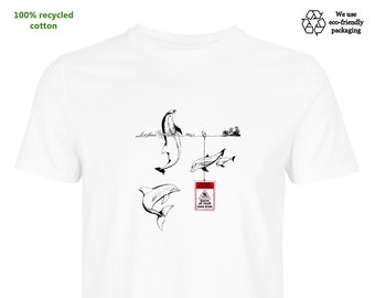 Eco-friendly T-SHIRT: Orwell's Animal World goes green - Dolphins in Risky Waters (signed handdrawn art, recycled textile, gender neutral)