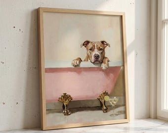 Custom Pet Portrait – Spa Day Oil Painting Style | Digital Download | Dog in Clawfoot Bath Print