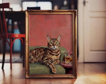 Custom Cat Oil Painting Portrait | Cat with Cocktail - Personalized Digital Art Print
