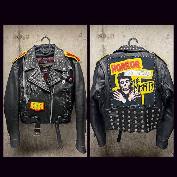 Blouson en cuir Misfits peint a la main sur mesure. Veste cloutee. Veste de combat. Punk rock. Metal lourd. Chaines. Pointes. Taille XL Etsy Canada