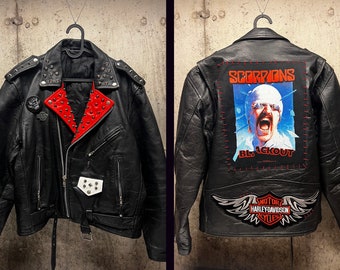 Custom Hand Painted Studded Leather Biker Jacket. Size Large