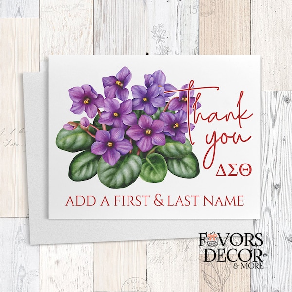 Personalized African Violets Thank you Folded Notecards - Delta Sigma Theta Sorority A2 Folded Cards, Sorority Greeting Cards