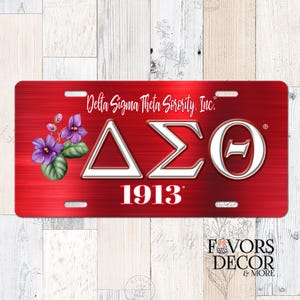 Delta Sigma Theta Sorority license plate with violet and Greek Letters