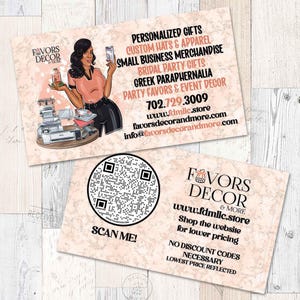May include: Two business cards with a peach-colored marble design. One card features a cartoon illustration of a woman and lists services like personalized gifts and party favors. The other card has a QR code and the text "SCAN ME!"
