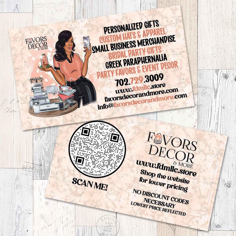 May include: Two business cards with a peach-colored marble design. One card features a cartoon illustration of a woman and lists services like personalized gifts and party favors. The other card has a QR code and the text "SCAN ME!"