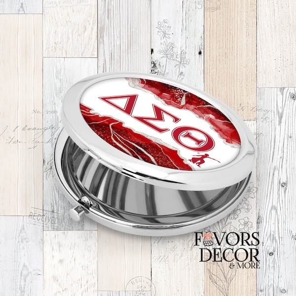 Delta Sigma Theta Red Agate (Image) and Greek Letter Compact Mirror, Sorority Compact Mirror