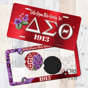 Delta Sigma Theta Sorority Car Bundle – Personalized Frame, License Plate & Coasters, Violets Greek Letters Design