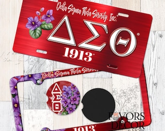 Delta Sigma Theta Sorority Car Bundle – Personalized Frame, License Plate & Coasters, Violets Greek Letters Design