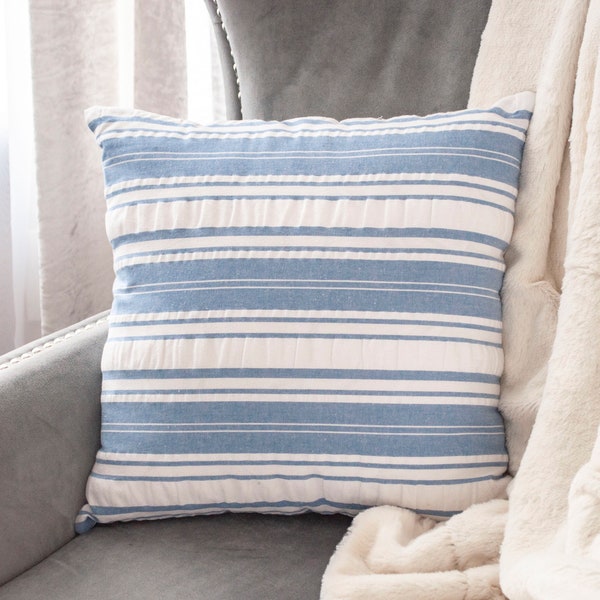 Blue and white striped pillow cover, Decorative couch throw pillow chic, Cute kids pillow baby blue, Light accent piece Summer and Spring