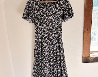 90s Floral Dress | Vintage Fall Dress | Navy Blue Retro Floral Print Sundress | Festival Outfit | Boho Dress Womens
