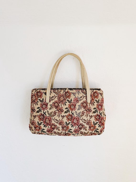 Vintage 1960s Floral Tapestry Purse, Carpet Bag Jacquard Shoulder Bag by Dover