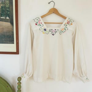 70s White Blouse Vintage Long Sleeve Shirt Embroidered Boho Top Cottagecore 60&#39;s Blouse Jane Birkin Shirt Prairie Cottage