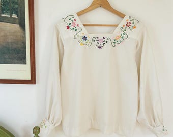 70s White Blouse Vintage Long Sleeve Shirt Embroidered Boho Top Cottagecore 60&#39;s Blouse Jane Birkin Shirt Prairie Cottage