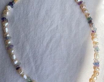 Baroque irregular mismatched  freshwater pearl 17” necklace, fluorite gemstone chips,  bridesmaid gift,  party accessory, birthday gift