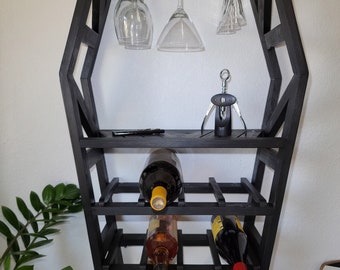 Coffin Wine Rack w/Stemware Holder - Vintage Black