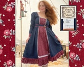 The Sweetest Lolita Puff Sleeve Gunne Sax Ever in Denim and Calico Fabric, Size 7