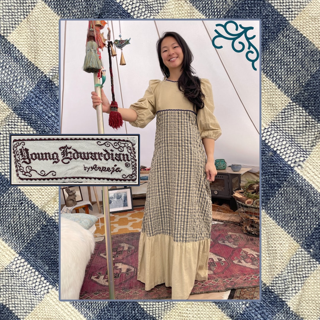 Adorable Puckered Gingham & Ric Rac Open Back Maxi Hippie Dress by