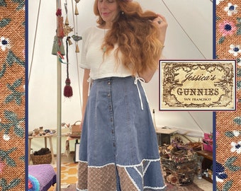 Gorgeous Denim & Calico Hippie Patchwork Skirt by Gunne Sax, Sz 13 with Coin Buttons, HTF