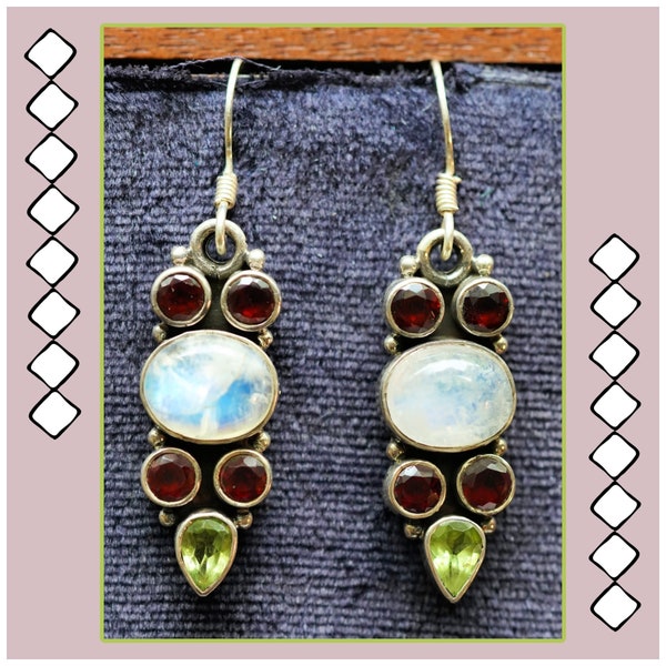 Super Pretty Vintage Sterling Silver .925 Moonstone, Peridot & Garnet Earrings 1.75 inch Length