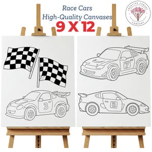 Race Car Canvases for Kids, Paint Party, Kids Crafts, Pre-Drawn Art, Fun Gift, 2 Car-Themed Designs, Boy Birthday Party, Gift for Party