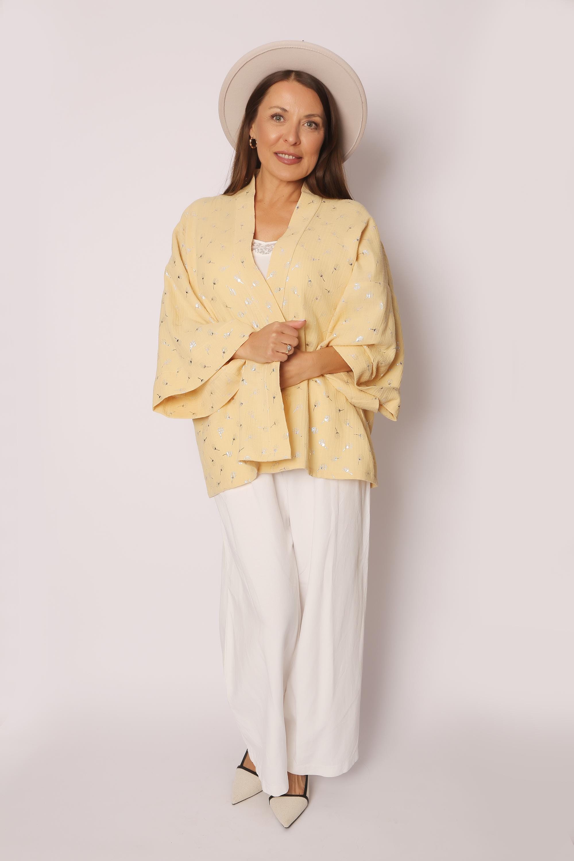 Kimono made of muslin fabric, color yellow with silver details