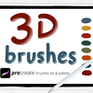 Könnte beinhalten: Auf einem Tablet-Bildschirm stehen die Worte "3D brushes" in roten und blauen Buchstaben. Das Procreate-Logo ist vorhanden, zusammen mit einer Farbpalette und einem Stift. Das Bild befindet sich auf einer weißen Holzoberfläche.