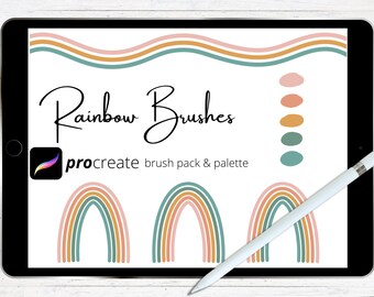 May include: A digital art design displayed on a tablet. The design features the words "Rainbow Brushes" in a script font, with the text "procreate brush pack & palette" below. The design includes rainbow arches and a color palette.