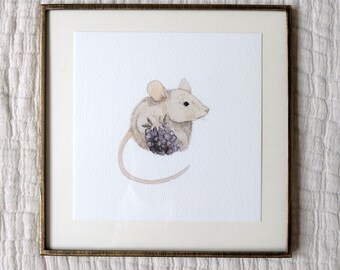 Mouse with Blackberry Watercolor (6x6 Art Print)