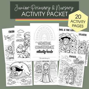 May include: A collection of black and white activity pages for children, featuring illustrations of Bible stories. The cover reads "Junior Primary & Nursery ACTIVITY PACKET" and "20 ACTIVITY PAGES". The central book is titled "My General Conference activity book".