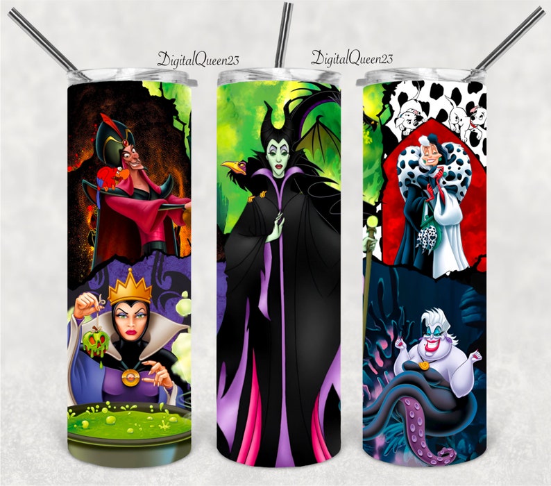 May include: Three stainless steel tumblers with images of Disney villains. The tumblers feature Maleficent, Cruella de Vil, and Ursula. The tumblers are all black with a white background. The text "DigitalQueen25" is printed on each tumbler.