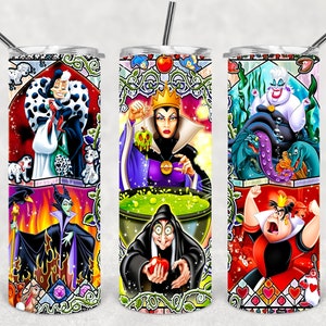 May include: Set of four stainless steel tumblers featuring a stained glass design of Disney villains. The tumblers feature Cruella de Vil, Maleficent, Ursula, and the Queen of Hearts.