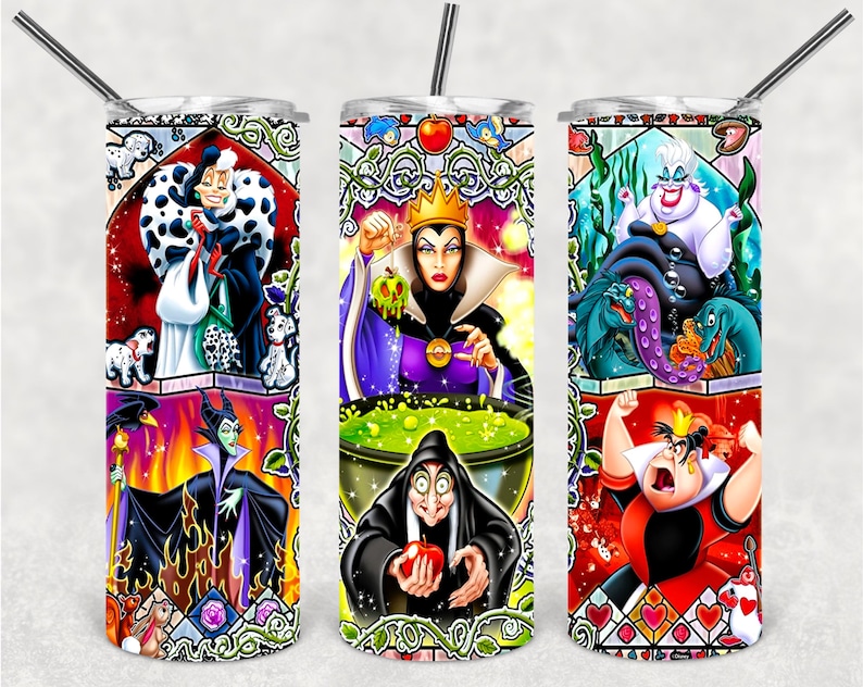 May include: Set of four stainless steel tumblers featuring a stained glass design of Disney villains. The tumblers feature Cruella de Vil, Maleficent, Ursula, and the Queen of Hearts.