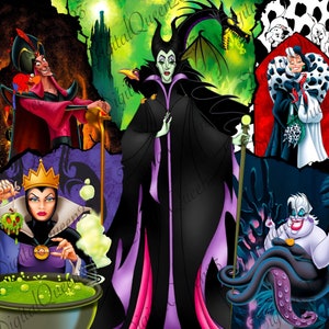 May include: A digital collage featuring Disney villains Maleficent, Ursula, Cruella de Vil, and Jafar. The villains are depicted in their iconic costumes and poses. Maleficent is holding her staff, Ursula is surrounded by tentacles, Cruella de Vil is holding a dalmatian puppy, and Jafar is holding his staff.