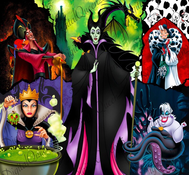 May include: A digital collage featuring Disney villains Maleficent, Ursula, Cruella de Vil, and Jafar. The villains are depicted in their iconic costumes and poses. Maleficent is holding her staff, Ursula is surrounded by tentacles, Cruella de Vil is holding a dalmatian puppy, and Jafar is holding his staff.