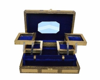 Indian Rustic Gold Embossed Jewellery Box with Twilight Blue Interior Cotton Velvet and Single Rod LRG-B