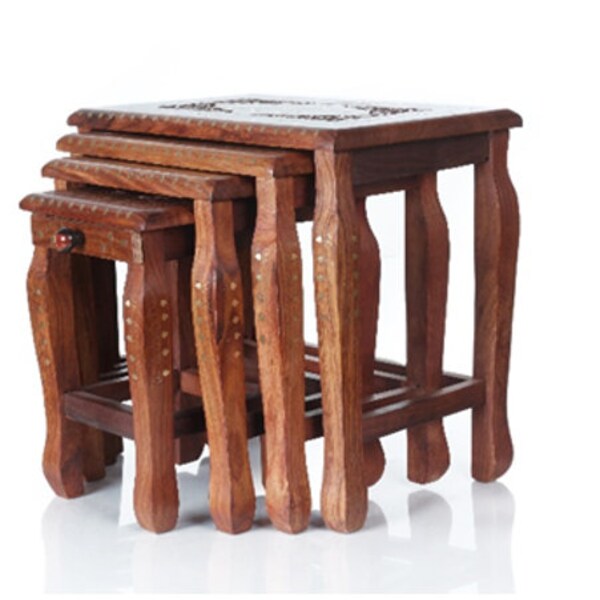 Nest of 4 Table Set with Brass Motif Detailing                             Sheesham Wood Hand Carved